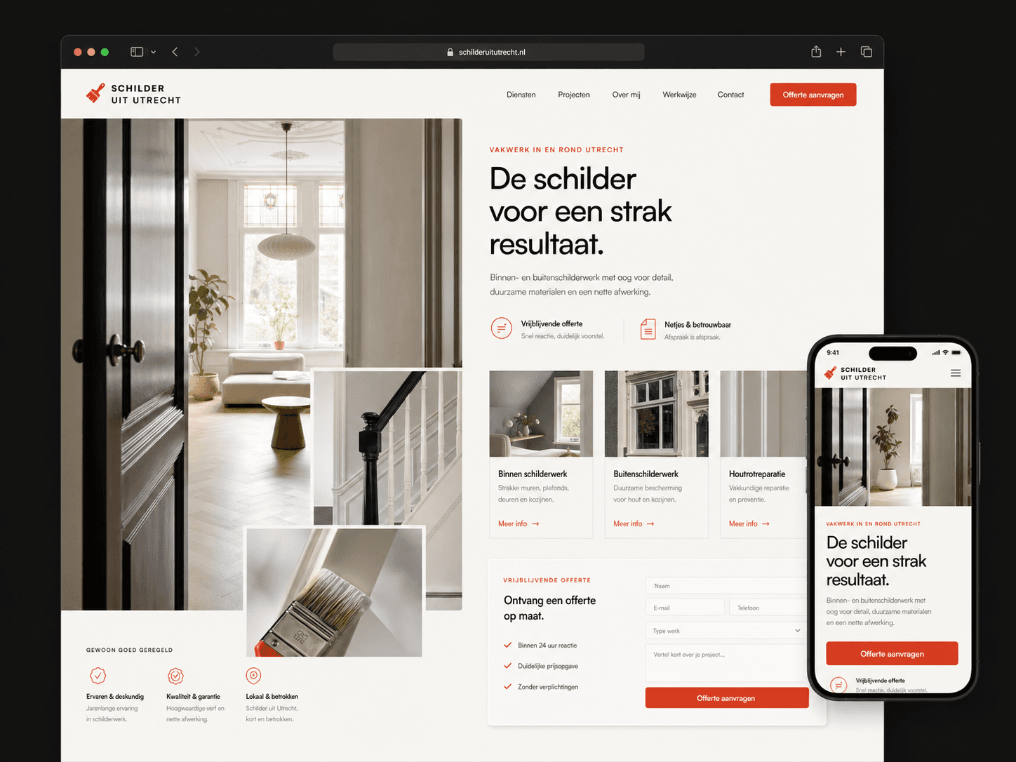 Websiteontwerp voor Schilder uit Utrecht met offerteformulier en mobiele preview